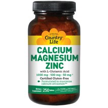 Country Life Vitamins 칼슘 1000 mg 마그네슘 500 mg 아연 50 mg with L-글루타민산 100 mg 타블렛, 250정, 1개