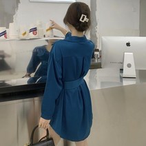비비에모 여성용 실키 허리벨트 롱 셔츠 블라우스 00853