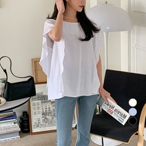 무드인더 여성용 루즈핏 라운드넥 러플 블라우스