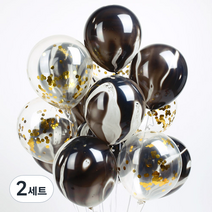 파티해 마블 컨페티 풍선 15p + 손펌프 랜덤발송 +컬링리본 + 스펀지닷 세트, 블랙, 2세트