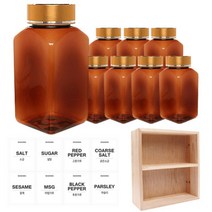 홈앤라이프 갈색 사각 PET 양념통 금속 골드 캡 200ml x 8p + 흰색 스티커 8p + 사각 선반 세트, 1세트, 양념통 사각 8p + 흰색 스티커 8종 + 사각 2단 선반