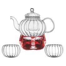 BELLE 아델라인 내열유리 티포트 600ml + 이중잔 M 2p + 워머 M 세트, 레드