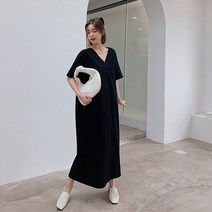 레몬소울 베이직 브이넥 뒷 트임 롱 반팔 원피스