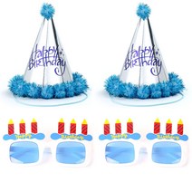 파티팡 솜방울 생일 고깔모자 은박 블루 2p + 생일 촛불 안경 2p 세트, 화이트, 1세트