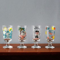 빈티지 일러스트 유리잔 280ml x 4종 세트, 오로르, 팜스트링스, 팬케이크, 후르츠소다, 4개