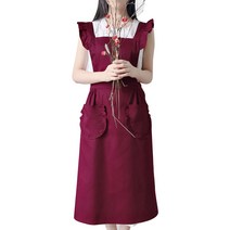 마이워니 원피스형 프릴 롱 에이프런 앞치마 + 두건, 와인