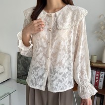 페이퍼먼츠 빅플랫 카라 진주버튼 레이스 블라우스 00537