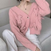 비비에모 여성용 리본 루즈핏 크롭 니트 가디건 00764