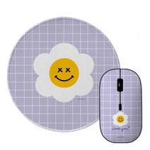 트라이코지 스마일데이지 무소음 휴대용 무선 마우스 + 원형 마우스패드 세트, W-5000(마우스), 퍼플
