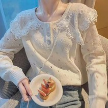 메이첼 여성용 부드러운 레이스 카라 펀칭 니트 티셔츠 01240