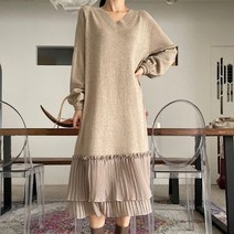 페이퍼먼츠 브이넥 쉬폰 밑단 이중프릴 스웨터 니트 원피스 02627
