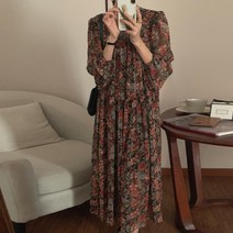 페이퍼먼츠 루즈핏 빈티지 플라워 쉬폰 롱 원피스 02661