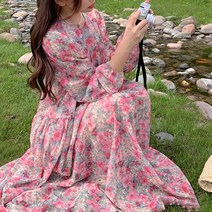 메이첼 라운드넥 프렌치 플라워 셔링 플레어 롱 원피스 01675