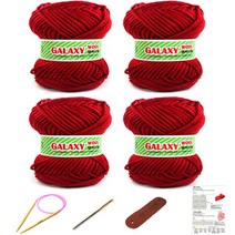 행복뜨기 갤럭시울 털 뜨개실 4볼 + 대바늘 6mm + 돗바늘 + 가죽라벨 + 목도리도안 세트, 2915 빨강, 1세트