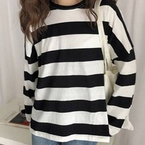 여신 여성용 루즈핏 스트라이프 라운드 긴팔 티셔츠