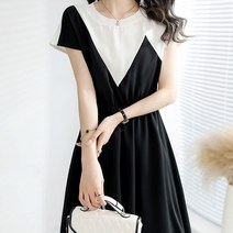 페이퍼먼츠 쉬폰 라운드넥 브이 포인트 배색 페이크 원피스 05468
