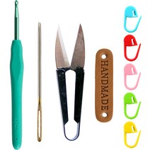 니뜨 뜨개 기본 도구 코바늘 7.5/0호 4.5mm + 돗바늘 + 쪽가위 + 핸드메이드 라벨 + 단수링 5종 세트, 혼합색상, 1세트