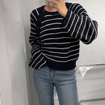 뜨개진 여성용 램스울 사선버튼 스트라이프 래글런 아케바 라운드 니트