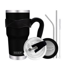 4YOU KEEP 대용량 스테인레스 보온보냉 텀블러 + 밀폐형 빨대 뚜껑 + 원라인 손잡이 + 빨대 세척솔 + 바닥 실리콘 패킹, 블랙, 900ml