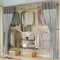 가화홈시스 우드 5단옷걸이 수납바구니 고급커튼 행거 WSLB4502SDCG, 우드(기둥, 가로봉), 검정(부품, 바구니), 그레이(커튼)