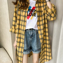 더시럽 여성용 루즈핏 미디엄 체크 롱 셔츠