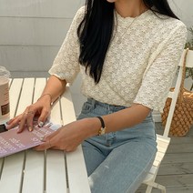 화이트폭스 여성용 엠보 플라워 자수 반팔 티셔츠