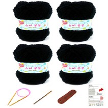 행복뜨기 슈퍼봉봉 뜨개실 4p + 줄바늘 4.5mm + 돗바늘 + 라벨 + 4종 목도리도안 세트, 1세트, 검정