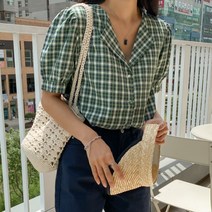 체크 콩단추 퍼프 블라우스