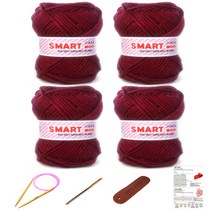 행복뜨기 스마트울 털실 뜨개실 4p + 대바늘 6mm + 돗바늘 + 가죽라벨 + 목도리도안, 2809 와인, 1세트