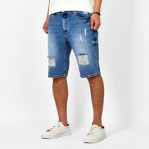 남성용 5부 데미지 워싱 청 반바지