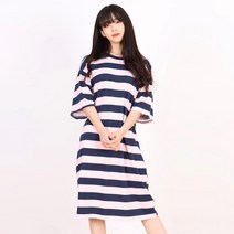 페이퍼먼츠 투톤 스트라이프 라운드 반팔 롱 티 원피스 13708