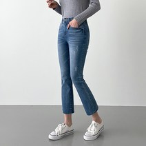 여성용 레이 워싱 세미 부츠컷 청바지