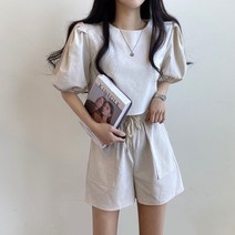 린넨 퍼프 반팔 블라우스 + 밴딩 숏팬츠 세트