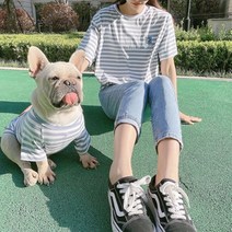 새코밍 반려동물 커플룩 스트라이프 티셔츠 세트, 하늘색