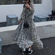 더업 여성용 레이첼 셔링 쉬폰 긴소매 롱 원피스