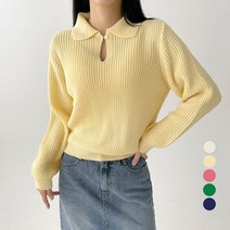 플랜데이 여성용 데일리 카라넥 원버튼 크롭 하찌 니트