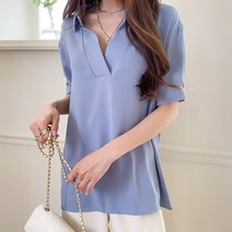 여성용 카라 노버튼 뒷리본 반팔 블라우스 BL4569K24