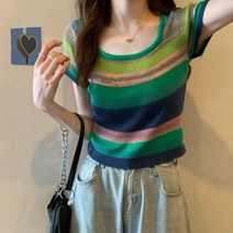 데이소이 여성용 스윗 스트라이프 반팔 니트