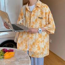 남성용 블랙101 서머빌로 하와이안 오버핏 반팔 셔츠 B234MF00250