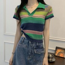 구디프 여성용 레인보우 스트라이프 반팔 니트 티셔츠