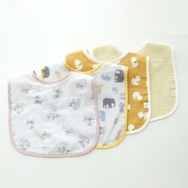 꿈꾸는두부 유아용 패턴 이중 거즈 턱받이 옐로우 4종 세트, 옐로우그레이, 느릿느릿 코알라, 오리의 나들이, 초원의 친구들, 1세트