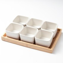 키올리 도자기 소분 정사각 반찬 접시 6p + 우드 트레이 세트, 접시 6p + 트레이, 매트 화이트, 1세트