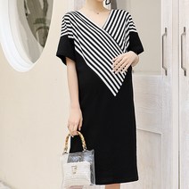 스트라이프 브이넥 솔리드 반소매 임산부 원피스
