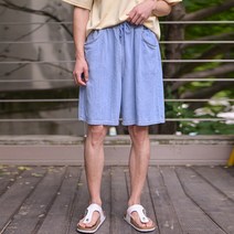 플레이즈 남성용 린넨 스트링 밴딩 와이드 5부 데님 반바지