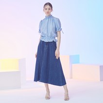 률앤와이 SECONDLETTER 여성용 엣지 컷 밴딩 플레어 데님 스커트