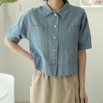 빼빼 여성용 카라넥 크롭 퍼프 반팔 청데님 남방