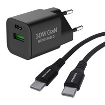 스타쉴드 30W GaN USB PD PPS 멀티 고속충전기 + 60W PD C to C 고속충전 케이블 1.2m 세트, 1세트, 블랙(충전기), 블랙(케이블)