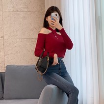 여성용 바니 홀터넥 오프숄더 골지 긴팔티 lkf240
