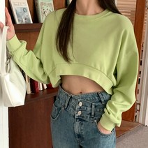 플랜데이 캐주얼 언발 무지 박스 크롭 긴팔 맨투맨 티셔츠