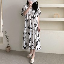 티탁 여성용 빅사이즈 데일리 루즈핏 브이넥 플라워 셔링 날개소매 러플 롱원피스